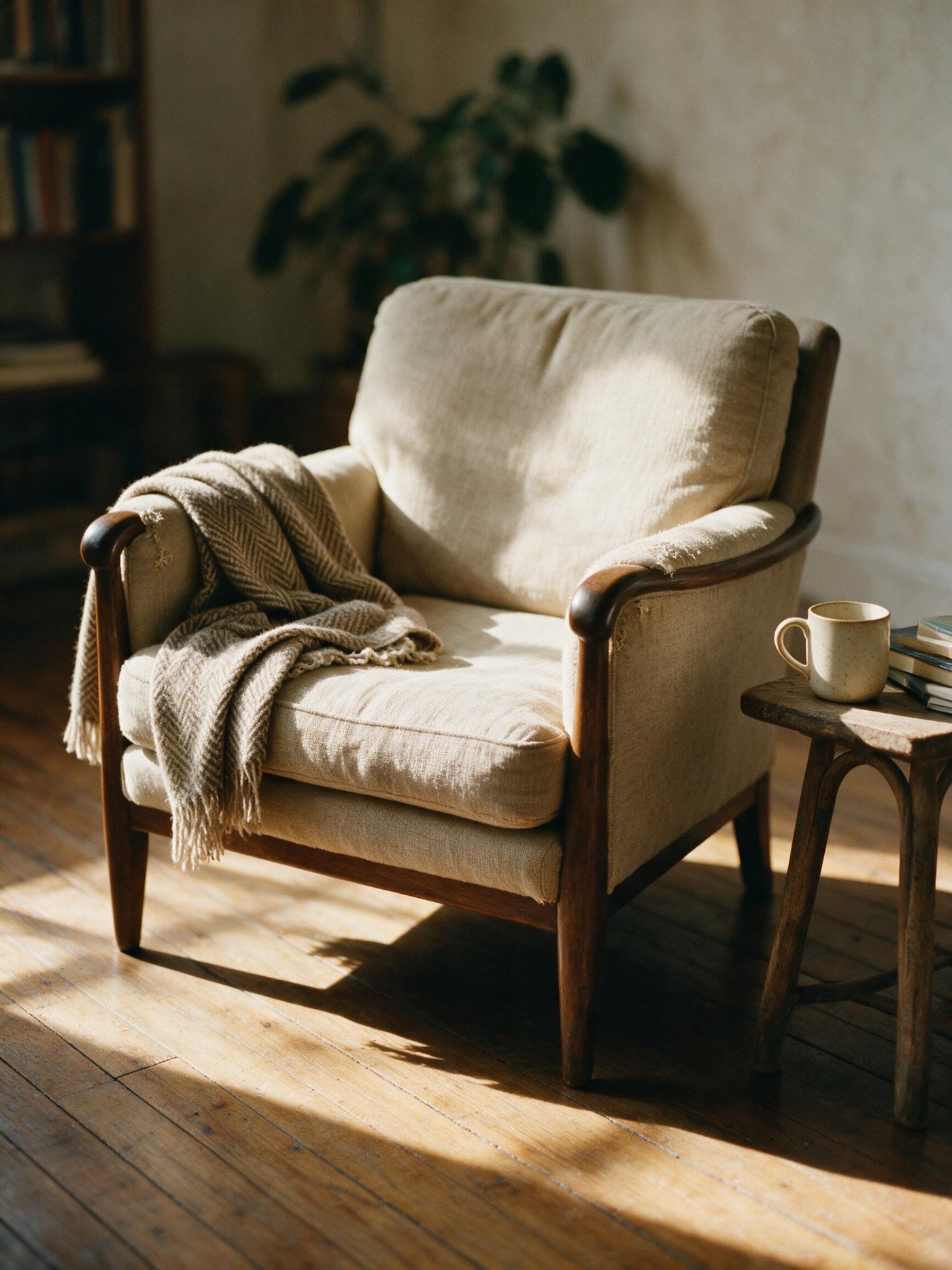 A warm, sunlit therapist's office with an empty upholstered armchair inviting the viewer to sit down.